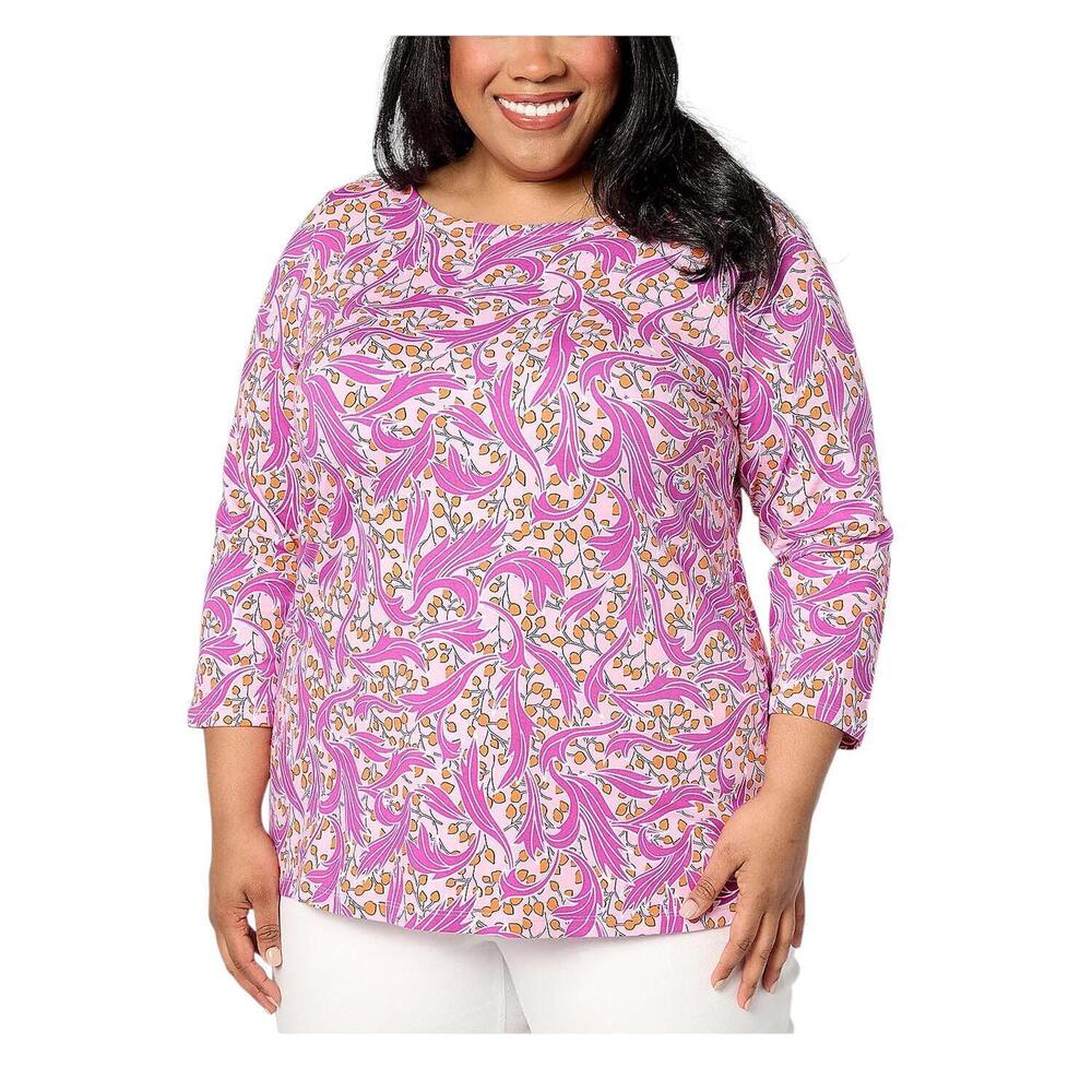 Susan Graver Women's Printed Comfy Cotton Bateau Neck Top Pink - Regular